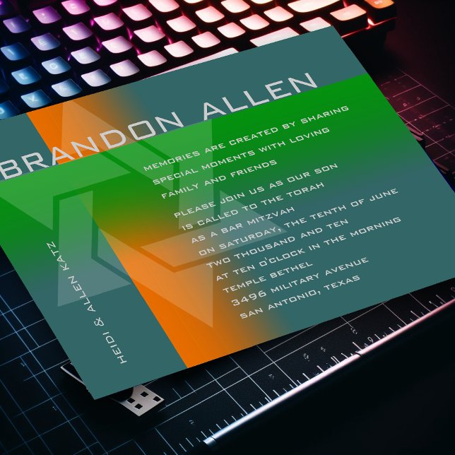 Convite Bar Mitzvah Laranja e Verde em Qualquer Cor (Criador carregado)