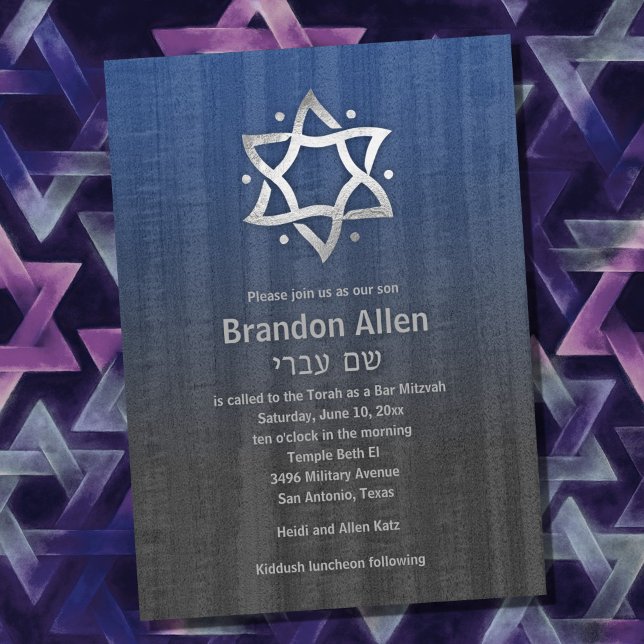 Convite Bar Mitzvah Madeira Olhar Azul Cinza Estrela Prata (Criador carregado)