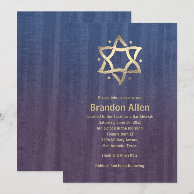 Convite Bar Mitzvah Manteve Madeira Azul Plum Dourado Estr (Frente/Verso)