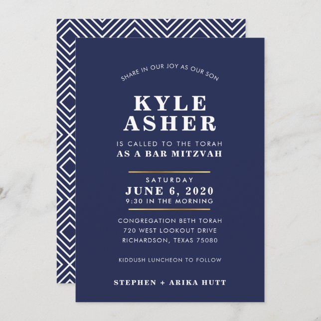 Convite Bar Mitzvah marinho comum azul (Frente/Verso)