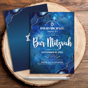 Convite Bar Mitzvah Modern Blue Watercolor Agate Script Em