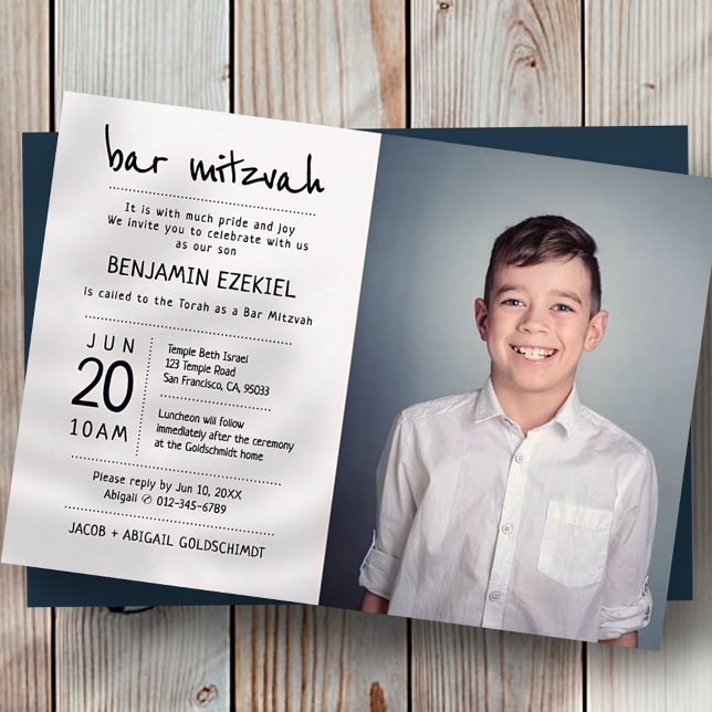 Convite Bar Mitzvah Modern + Foto personalizada minimalist (Criador carregado)