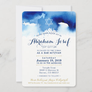 Convite BAR MITZVAH moderna estrela hebraica azul-aquarela