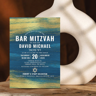 Convite Bar Mitzvah Moderna Folha de Ouro Turquesa