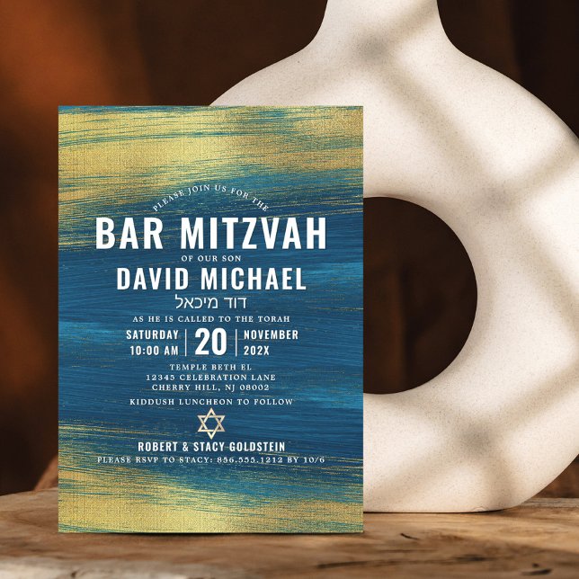 Convite Bar Mitzvah Moderna Folha de Ouro Turquesa (Criador carregado)
