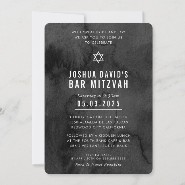 Convite BAR MITZVAH moderna moody black watercolor (Frente)