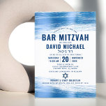 Convite Bar Mitzvah Moderna Tipografia do Marinho Negra Az<br><div class="desc">Tenha orgulho, alegria e mostre este marco do seu Bar favorito Mitzvah! Enviar este convite legal, único, moderno e personalizado para um evento que se lembre. Traços de pincel de folha azul-clara metálico, juntamente com tipografia azul-marinho e estrela de David, sobrepõem um plano de fundo branco simples. Personalize o texto...</div>