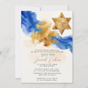 Convite Bar Mitzvah Moderno Aquarela Dourado Azul Hebraico