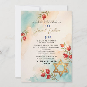 Convite Bar Mitzvah Moderno Aquarela Dourado Azul Hebraico