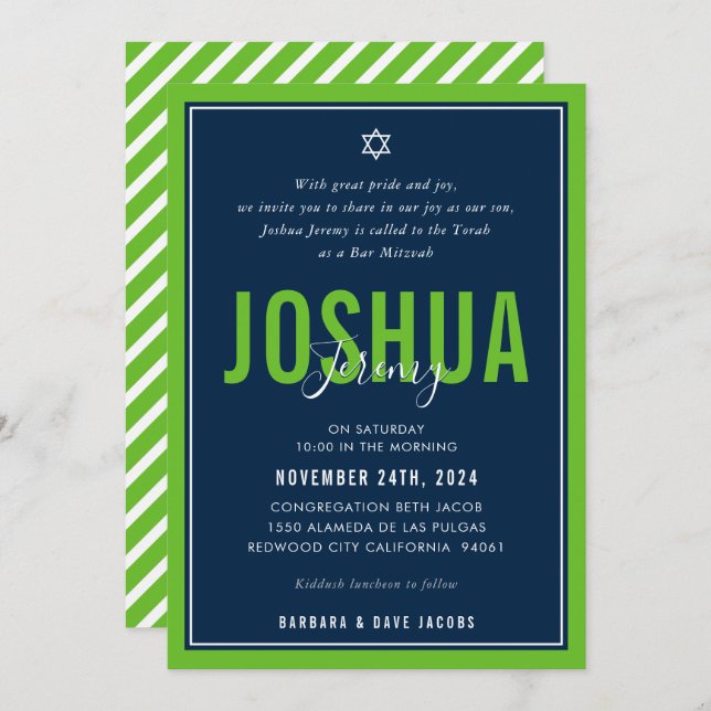 Convite BAR MITZVAH moderno atleta marinho verde nfl (Frente/Verso)