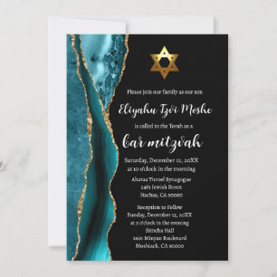 Convite Bar Mitzvah Moderno Azul Teal Preto e Dourado