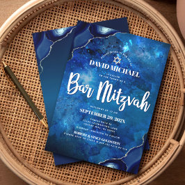 Convite Bar Mitzvah Moderno em Aquarela Azul com Escrita A