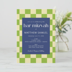 Convite Bar Mitzvah Moderno em Xadrez Azul e Verde