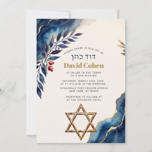 Convite Bar Mitzvah Moderno Hebraico Azul Ouro Ágata Judai