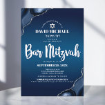 Convite Bar Mitzvah Moderno Marinho Azul Agate Script In I<br><div class="desc">Tenha orgulho, alegria e mostre este marco do seu Bar favorito Mitzvah! Enviar este convite legal, único, moderno e personalizado para um evento que se lembre. A tipografia da escrita branca e Estrela de David sobrepõem um fundo azul-marinho profundo com o agato azul de aço acentuado com veias falso prateadas....</div>