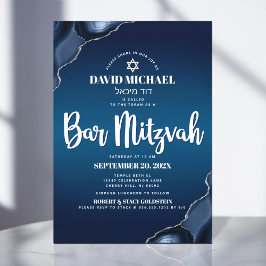 Convite Bar Mitzvah Moderno Marinho Azul Agate Script In I