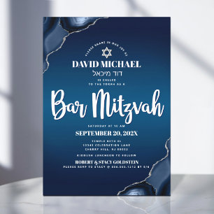 Convite Bar Mitzvah Moderno Marinho Azul Agate Script In I