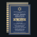Convite Bar Mitzvah Moderno Marinho Elegante Azul Branco e<br><div class="desc">Convide a família e os amigos para uma elegante cerimônia de mitzvah bar e comemoração para ele com este marinho de convite azul, branco e folha de ouro falso. Todo texto é simples de personalizar, portanto pode incluir qualquer texto sobre o serviço, leitura de Torah e festa. Design apresenta um...</div>