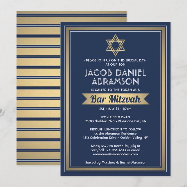 Convite Bar Mitzvah Moderno Marinho Elegante Azul Branco e (Frente/Verso)