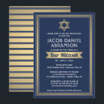 Convite Bar Mitzvah Moderno Marinho Elegante Azul Branco e<br><div class="desc">Convide a família e os amigos para uma elegante cerimônia de mitzvah bar e comemoração para ele com este marinho de convite azul, branco e folha de ouro falso. Todo texto é simples de personalizar, portanto pode incluir qualquer texto sobre o serviço, leitura de Torah e festa. Design apresenta um...</div>