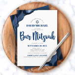 Convite Bar Mitzvah moderno - Marinho simples - Script Azu<br><div class="desc">Tenha orgulho, alegria e mostre este marco do seu Bar favorito Mitzvah! Enviar este convite legal, único, moderno e personalizado para um evento que se lembre. Tipografia do script azul-marinho e Estrela de David sobrepõe um fundo branco simples e simples com o agato azul de aço acentuado com veias falso...</div>