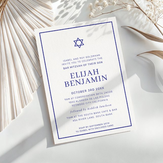 Convite BAR MITZVAH moderno minimal estrela fronteira azul (Criador carregado)