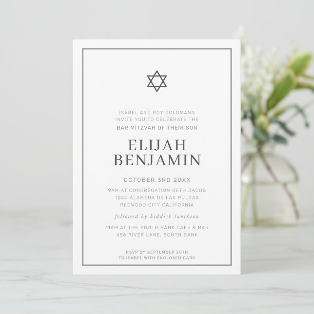 Convite BAR MITZVAH moderno minimal estrela fronteira cinz (Em pé/Frente)