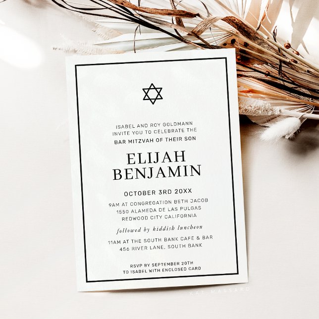 Convite BAR MITZVAH moderno minimal estrela fronteira pret (Criador carregado)