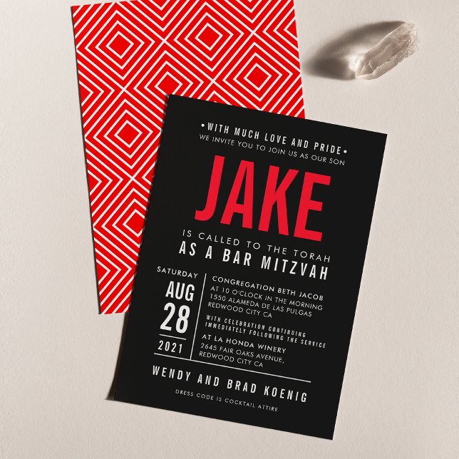 Convite BAR MITZVAH moderno, negrito, tipo geométrico verm (Criador carregado)