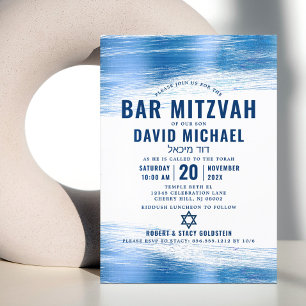 Convite Bar Mitzvah Moderno Negrito Tipografia Azul Folha