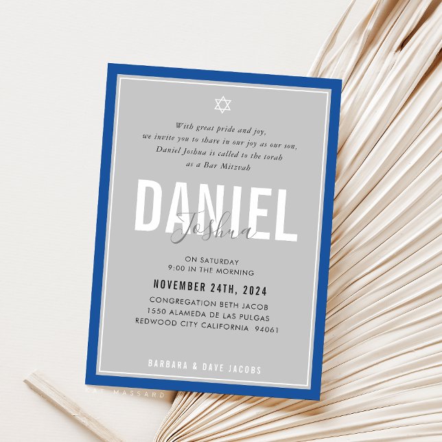 Convite BAR MITZVAH, moderno rapaz atlético, cinza azul ne (Criador carregado)