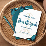 Convite Bar Mitzvah Moderno Simples Turquesa Ágata Script<br><div class="desc">Sinta-se orgulhoso, regozije e mostre este marco do Bar Mitzvah do seu filho! Envie este convite legal, único, moderno e personalizado para um evento inesquecível. Tipografia em azul-teal escuro e Estrela de Davi em dourado falso sobre um fundo branco simples e limpo com ágata azul-turquesa acentuada com veias em dourado...</div>