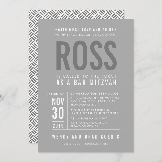 Convite BAR MITZVAH moderno tipo de bloco negrito cinza ci (Frente/Verso)