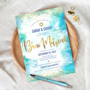 Convite Bar Mitzvah Moderno Turquesa Aquarela Dourado