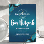Convite Bar Mitzvah Moderno Turquesa Ombre Ágata Script<br><div class="desc">Orgulhe-se, regozije e mostre este marco do Bar Mitzvah do seu filho! Envie este convite legal, único, moderno e personalizado com o nome hebraico para um evento inesquecível. Tipografia em letra cursiva branca e uma Estrela de Davi em dourado falso sobre um fundo degradê azul-turquesa profundo com acentos de ágata...</div>