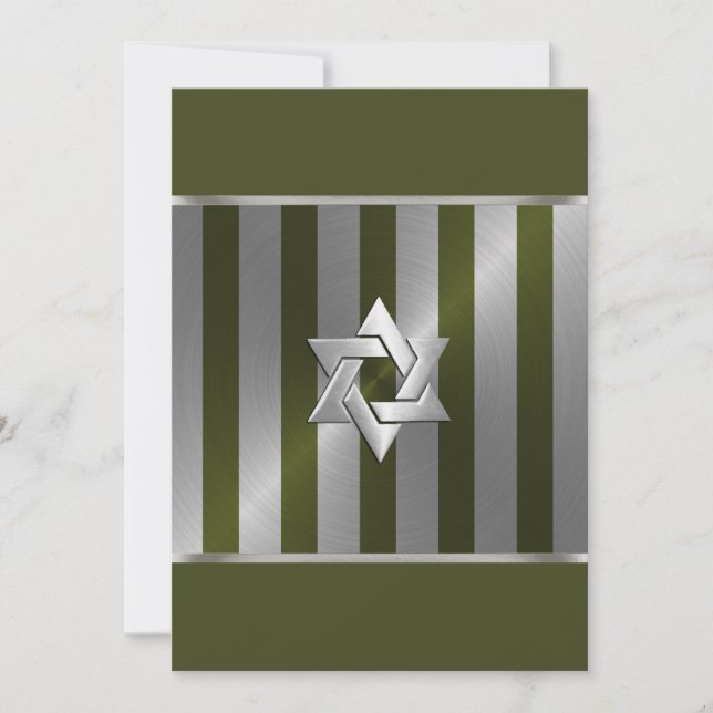 Convite Bar Mitzvah Moss Green e Silver Stripe (Frente)