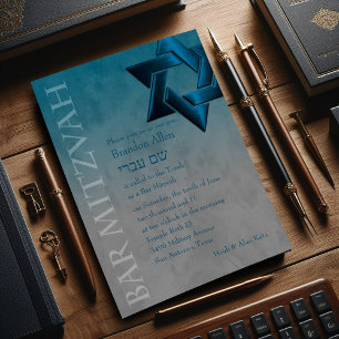 Convite Bar Mitzvah Na moda Teal Blue Star de David Ombre