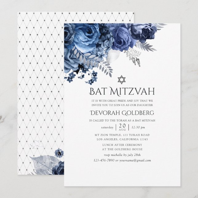 Convite Bar Mitzvah naval e branco com floral em folha de  (Frente/Verso)