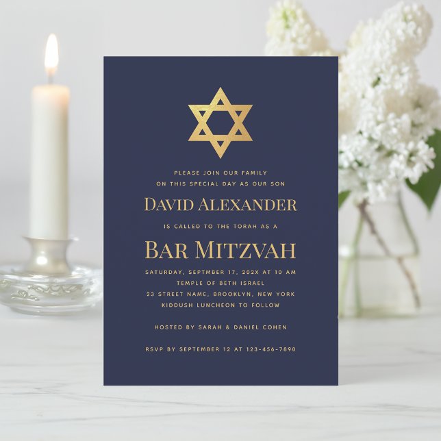 Convite Bar Mitzvah Navy Blue Faux Gold Foil Star of David (Criador carregado)