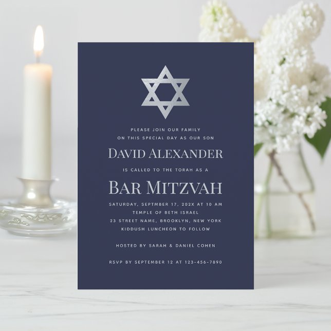 Convite Bar Mitzvah Navy Blue & Faux Silver Star of David (Criador carregado)
