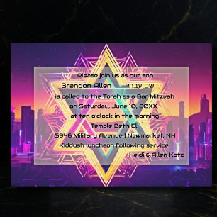 Convite Bar Mitzvah Neon City Skyline