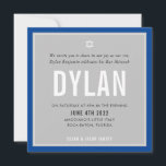 Convite BAR MITZVAH nome moderno cinza azul real DYLAN<br><div class="desc">por kat massard >> kat@simplysweetPAPERIE.com << CONTACT ME para texto personalizado ou para adicionar quaisquer linhas em Hebraico Ame o design, mas gostaria de ver algumas mudanças - outro esquema de cores, produto, adicionar uma foto ou adaptado para uma ocasião diferente - sem preocupações me contate - estou feliz em...</div>