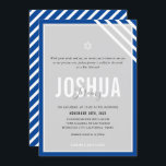 Convite BAR MITZVAH nome moderno cinza faixa azul real<br><div class="desc">por kat massard >> kat@simplysweetPAPERIE.com << CONTACT ME para texto personalizado ou para adicionar quaisquer linhas em Hebraico Ame o design, mas gostaria de ver algumas mudanças - outro esquema de cores, produto, adicionar uma foto ou adaptado para uma ocasião diferente - sem preocupações me contate - estou feliz em...</div>