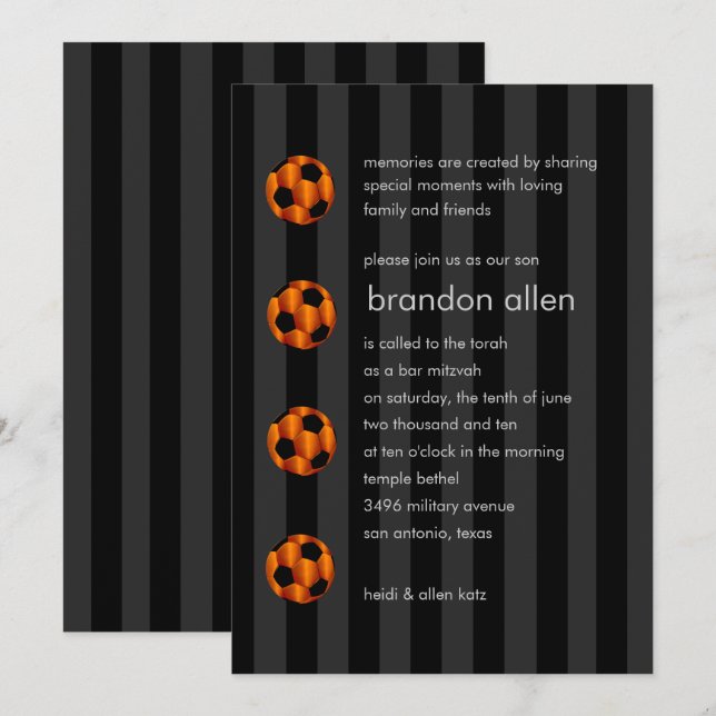 Convite Bar Mitzvah Orange e Black Soccer Ball (Frente/Verso)
