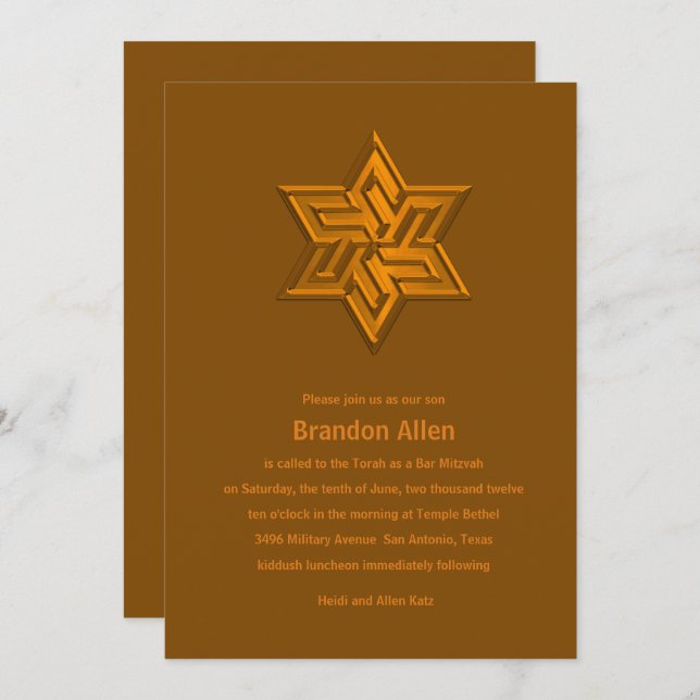 Convite Bar Mitzvah Orange Tones Star de David (Frente/Verso)