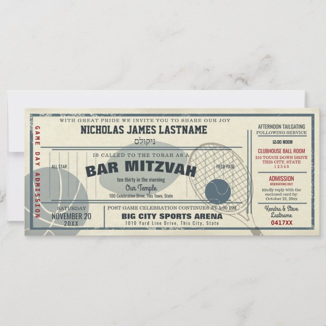 Convite Bar Mitzvah Passagem Esportiva Vintage (Frente)