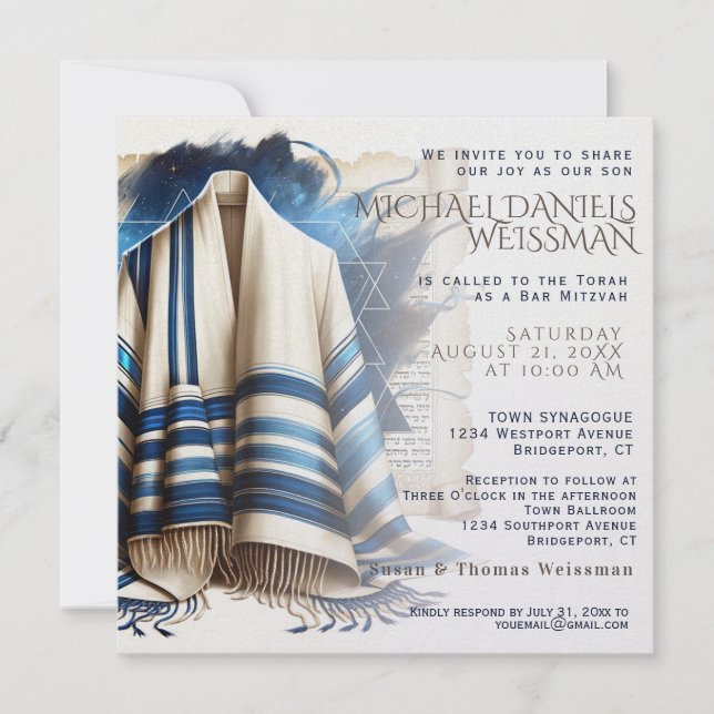 Convite Bar Mitzvah Prayer Shawl Scroll (Frente)