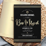 Convite Bar Mitzvah Preto Dourado Folha Script Negrito Mod<br><div class="desc">Sinta-se orgulhoso, regozije e mostre este marco do Bar Mitzvah do seu filho! Envie este convite impressionante, moderno, sofisticado e personalizado para um evento inesquecível. A caligrafia em script de folha de ouro falso, a Estrela de Davi e as linhas do tallit desenhadas à mão sobrepõem um fundo preto rico...</div>