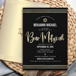 Convite Bar Mitzvah Preto Dourado Folha Script Negrito Mod