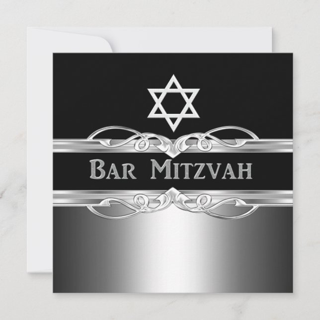Convite Bar Mitzvah Preto Metal Prata Menino 2 (Frente)